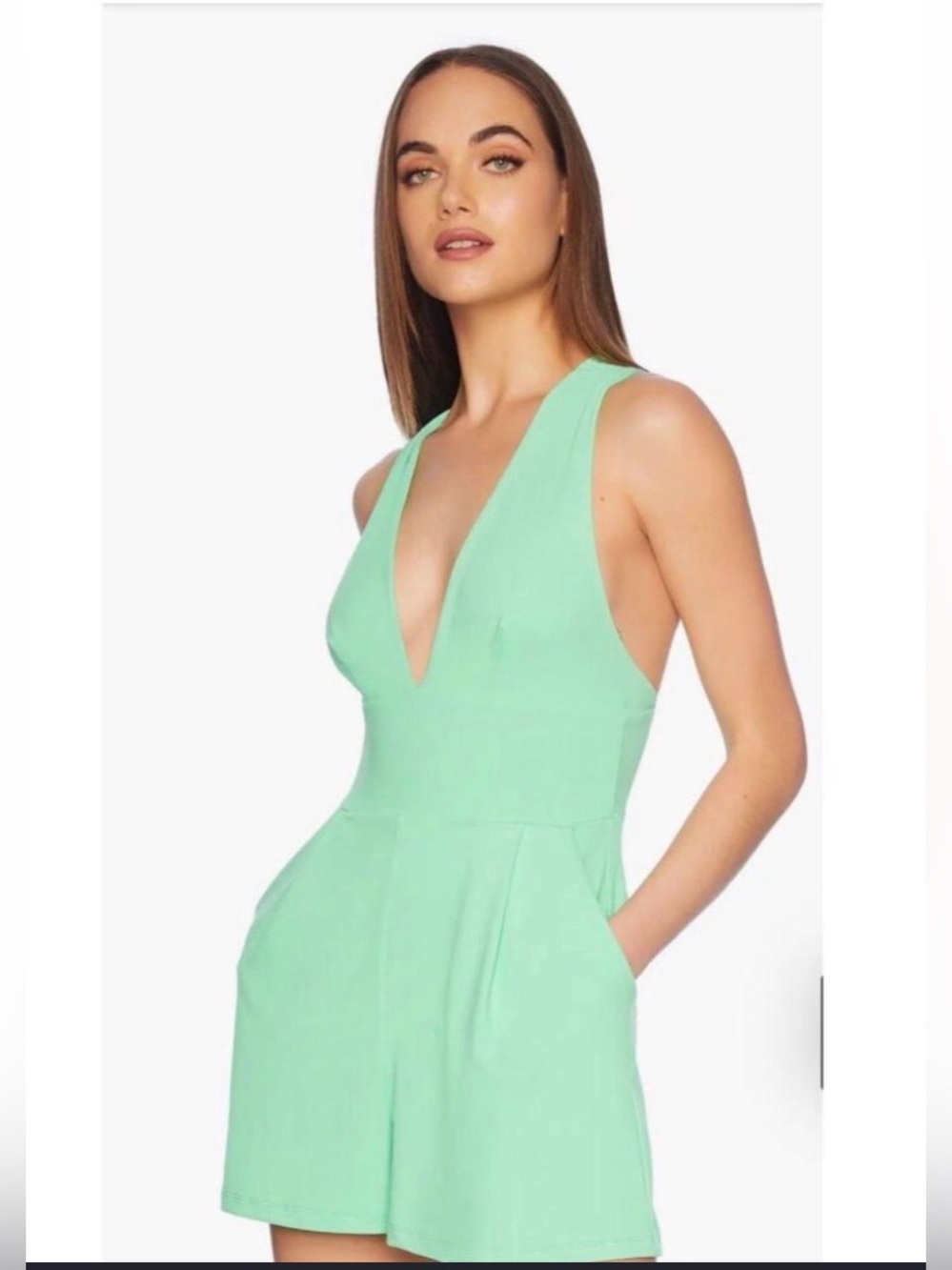 Susana Monaco Lovebird Cross Back Deep V Green Romper Large NWT